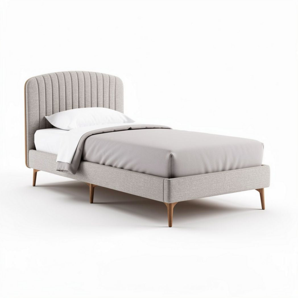 Queen size upholstered bed frame with padded headboard and wooden legs