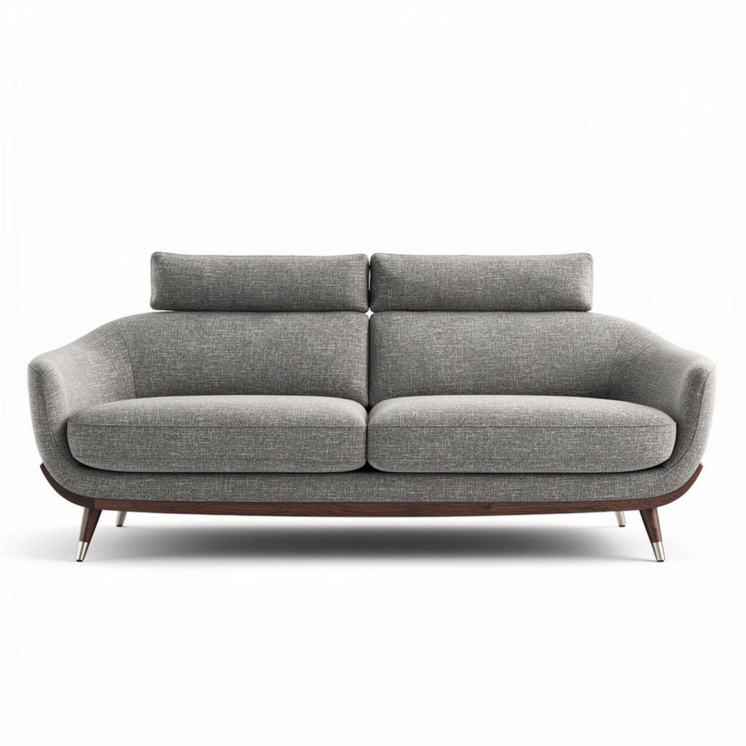 Modern grey upholstered sofa with wooden base and chrome legs 200 x 85 x 85cm