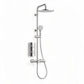 Wall-mounted chrome shower system with adjustable rain shower and hand-held sprayer