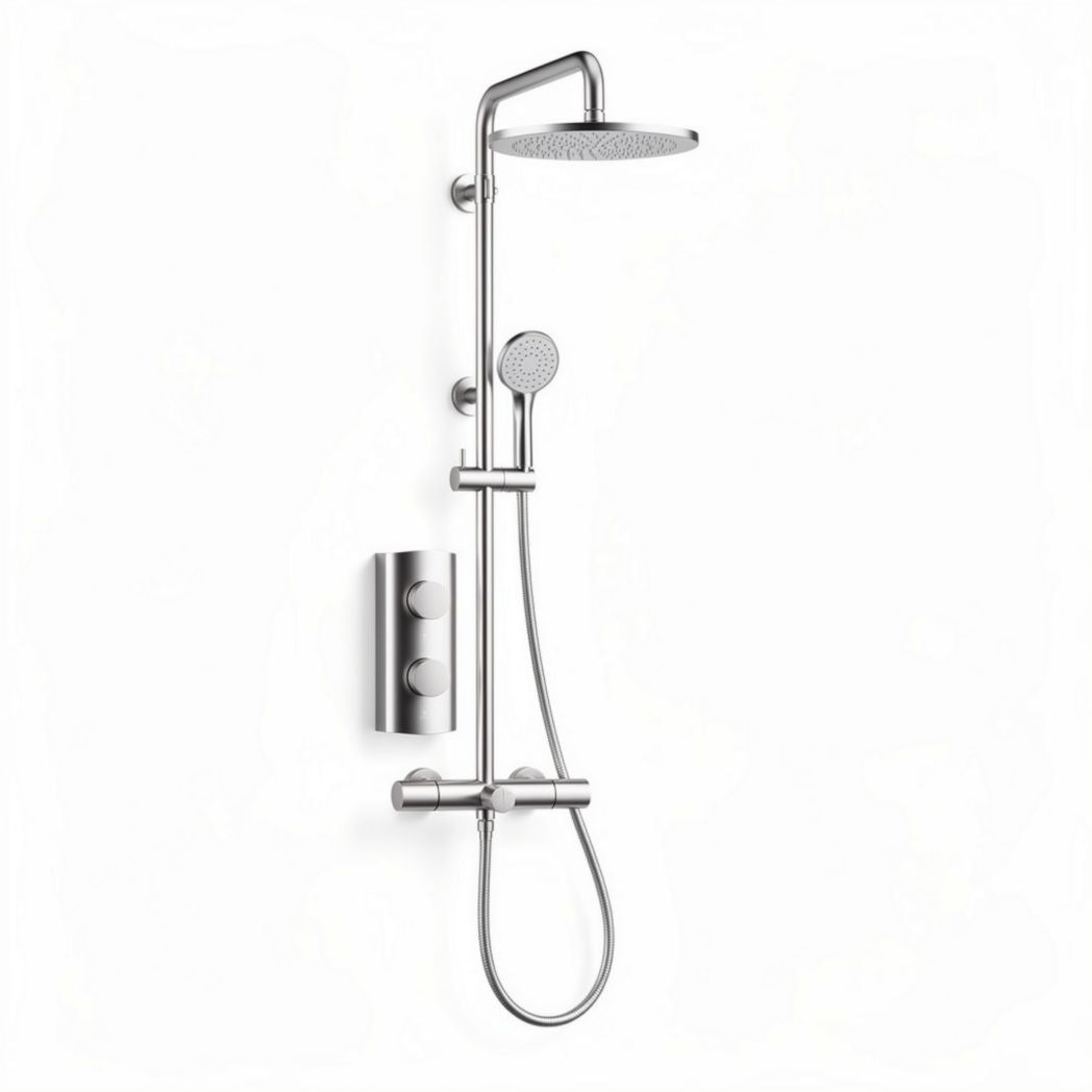 Wall-mounted chrome shower system with adjustable rain shower and hand-held sprayer