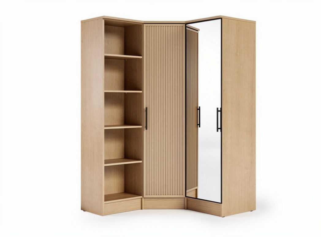 Corner wardrobe with mirror and shelving unit in natural wood finish 80 x 40 x 200cm